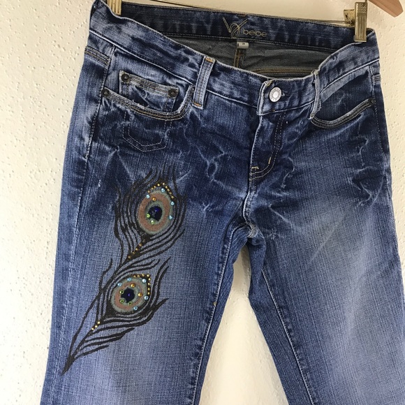 Bebe Blue Jeans 28 x 34 Rhinestone Carmen Peacock - Picture 3 of 6